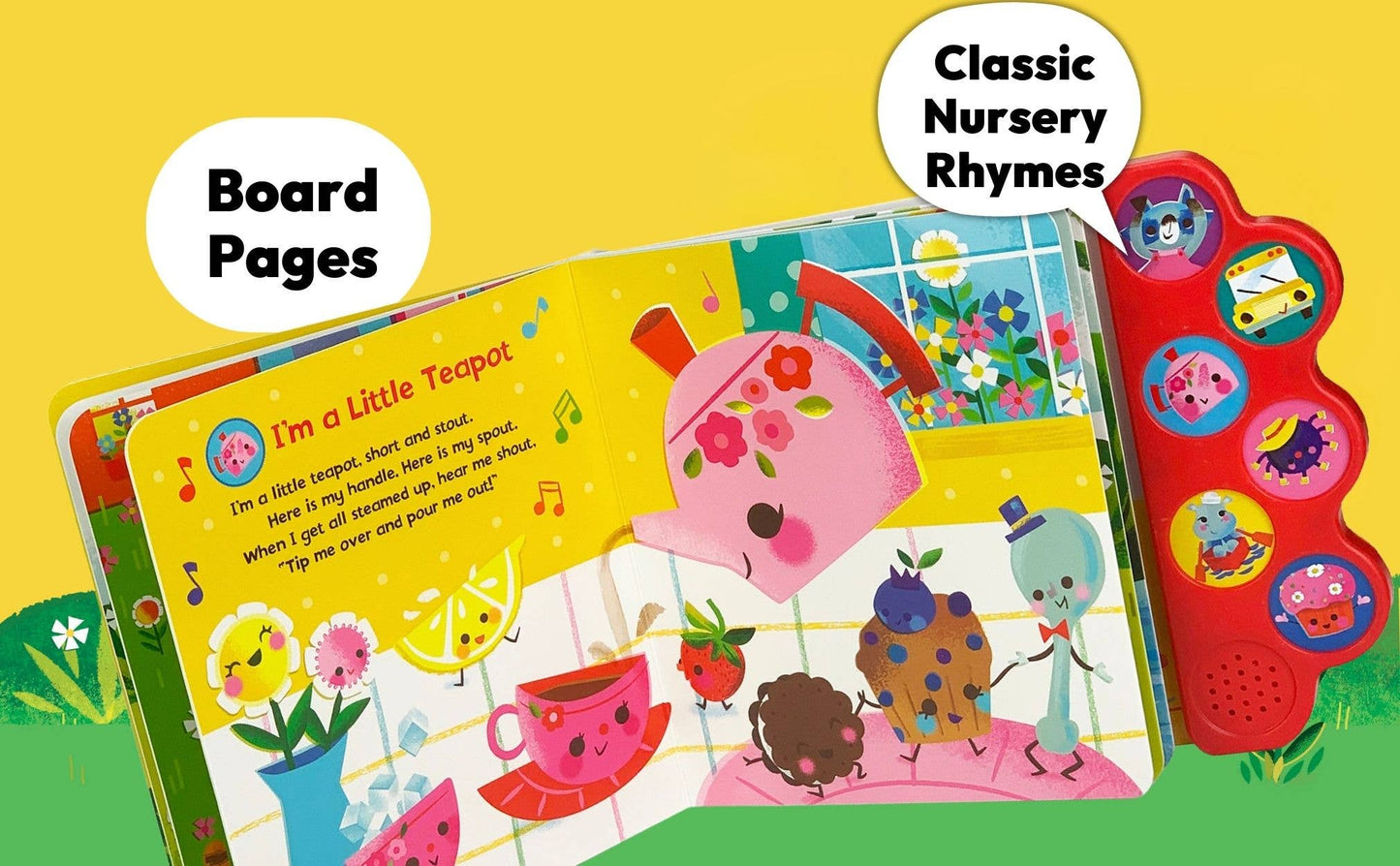 Children's board book with colorful illustrations and a red magnetic cover on a yellow background.