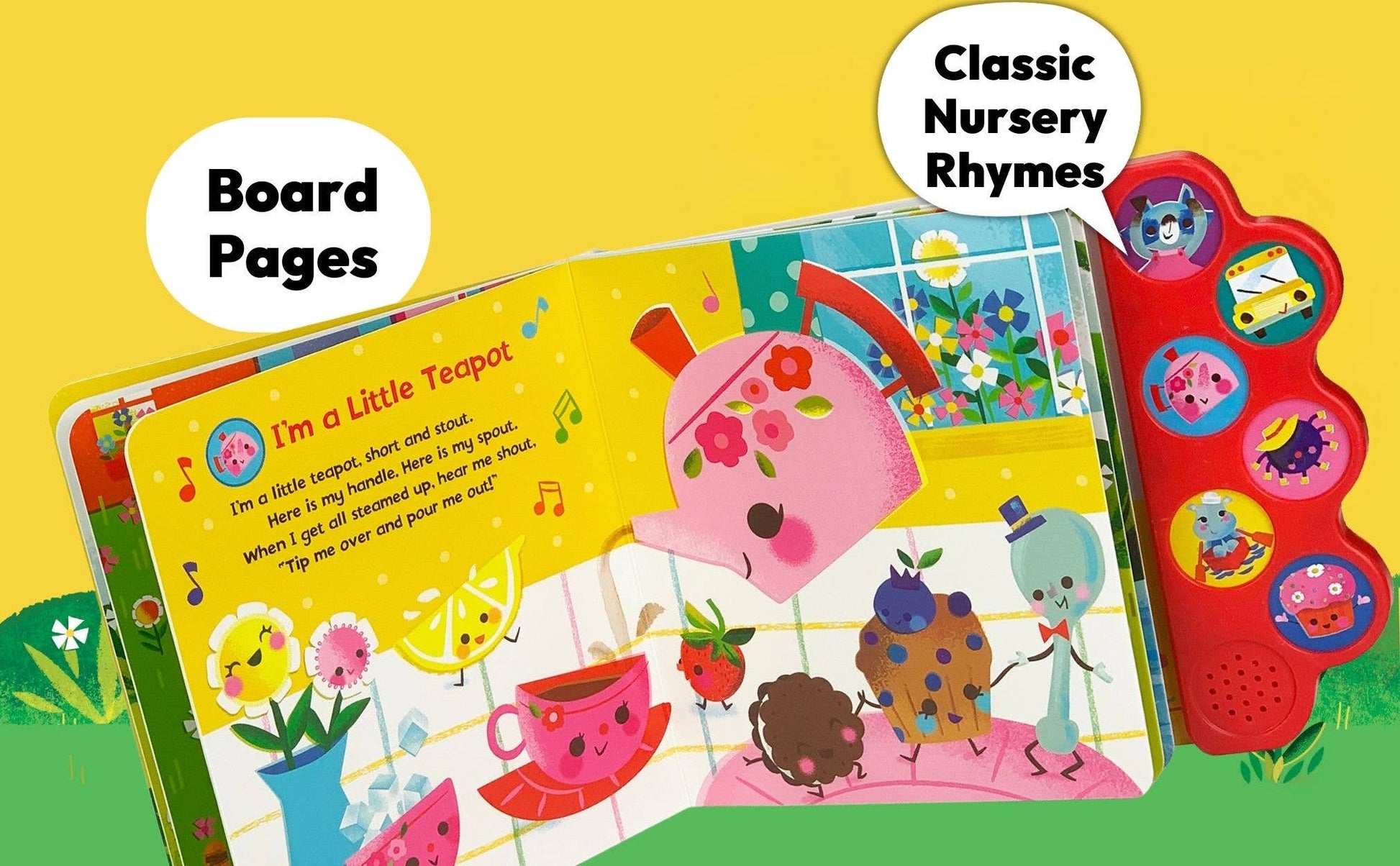 Children's board book with colorful illustrations and a red magnetic cover on a yellow background.