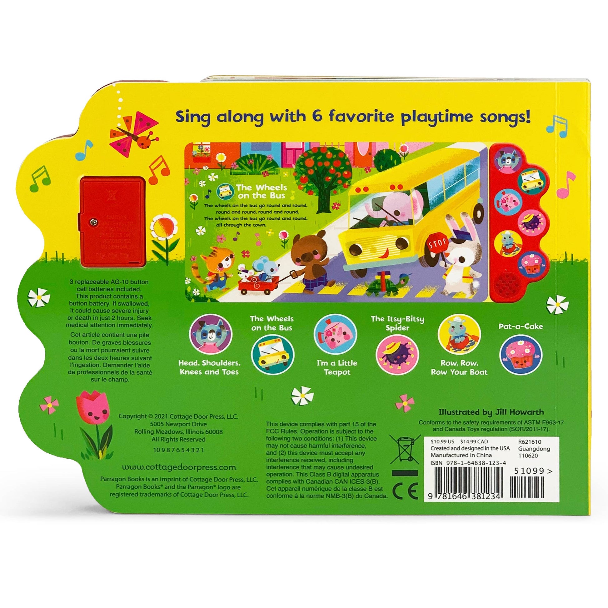 Back cover of a children's book with a bus illustration and interactive elements.