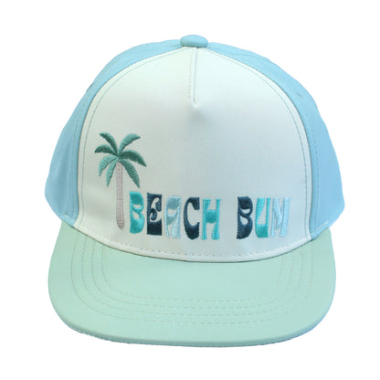 Cap with 'Beach Bum' text and palm tree design on a white background