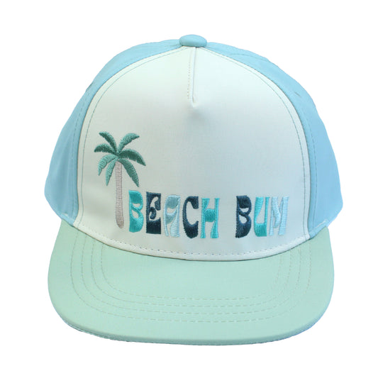 Cap with 'Beach Bum' text and palm tree design on a white background