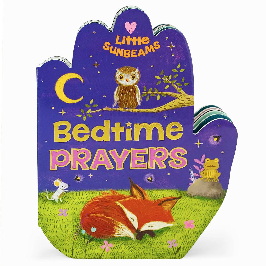 a book shaped like a hand thats called bedtime prayers and on the cover is a fox sleeping in the grass at night with an owl overhead and a frog and mouse in the background