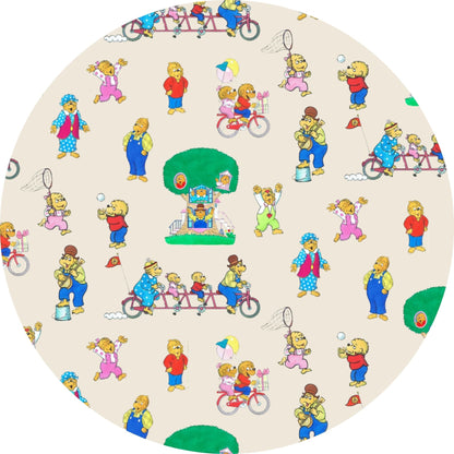 Circular design with cartoon characters playing various activities on a beige background