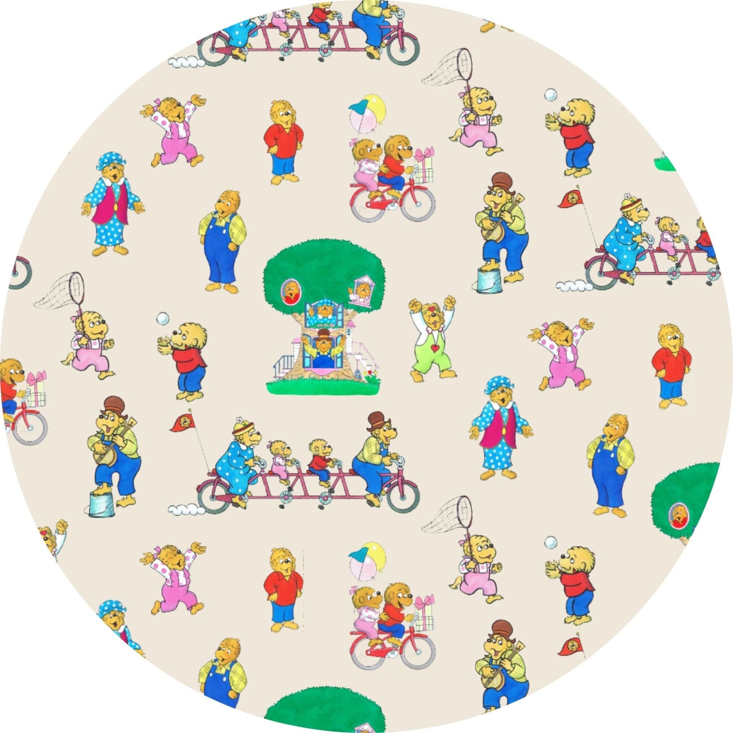 Circular design with cartoon characters on a beige background