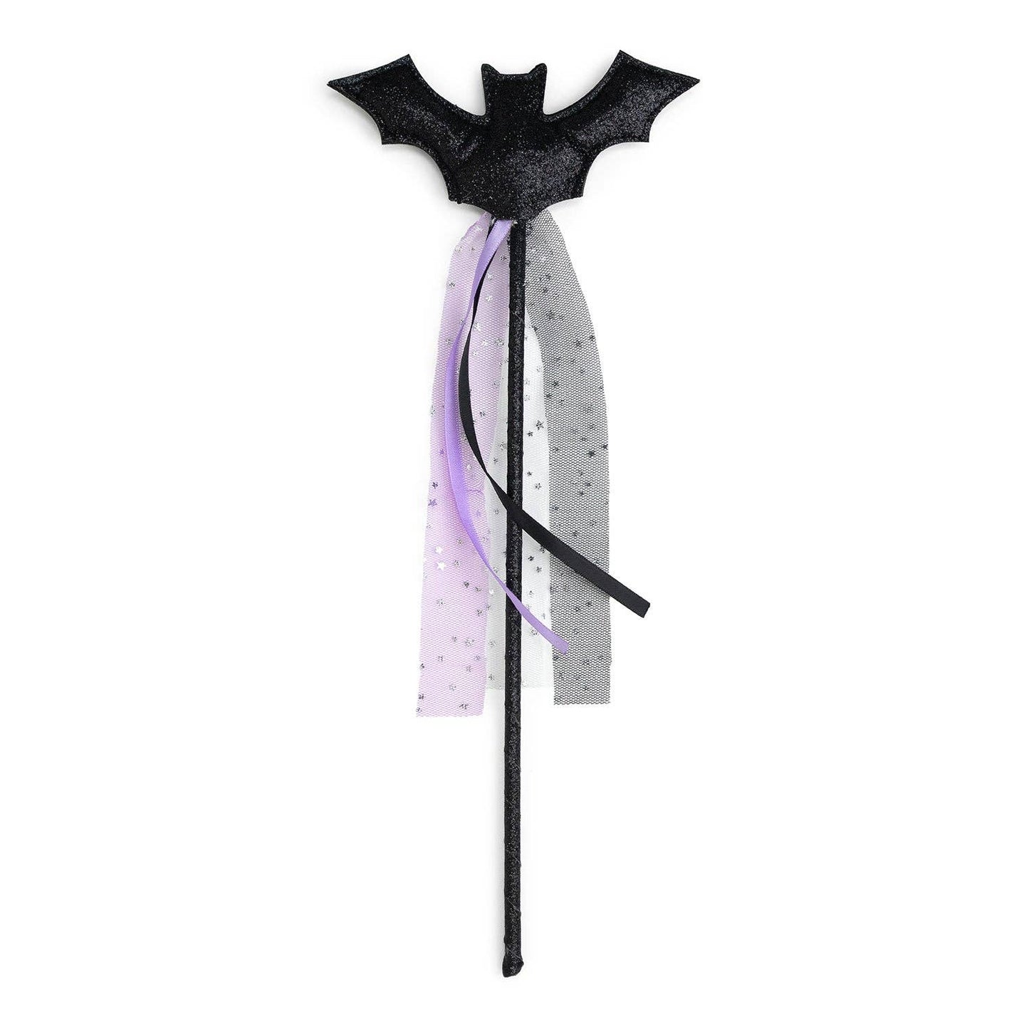 Black bat-shaped hair accessory with ribbons on a white background