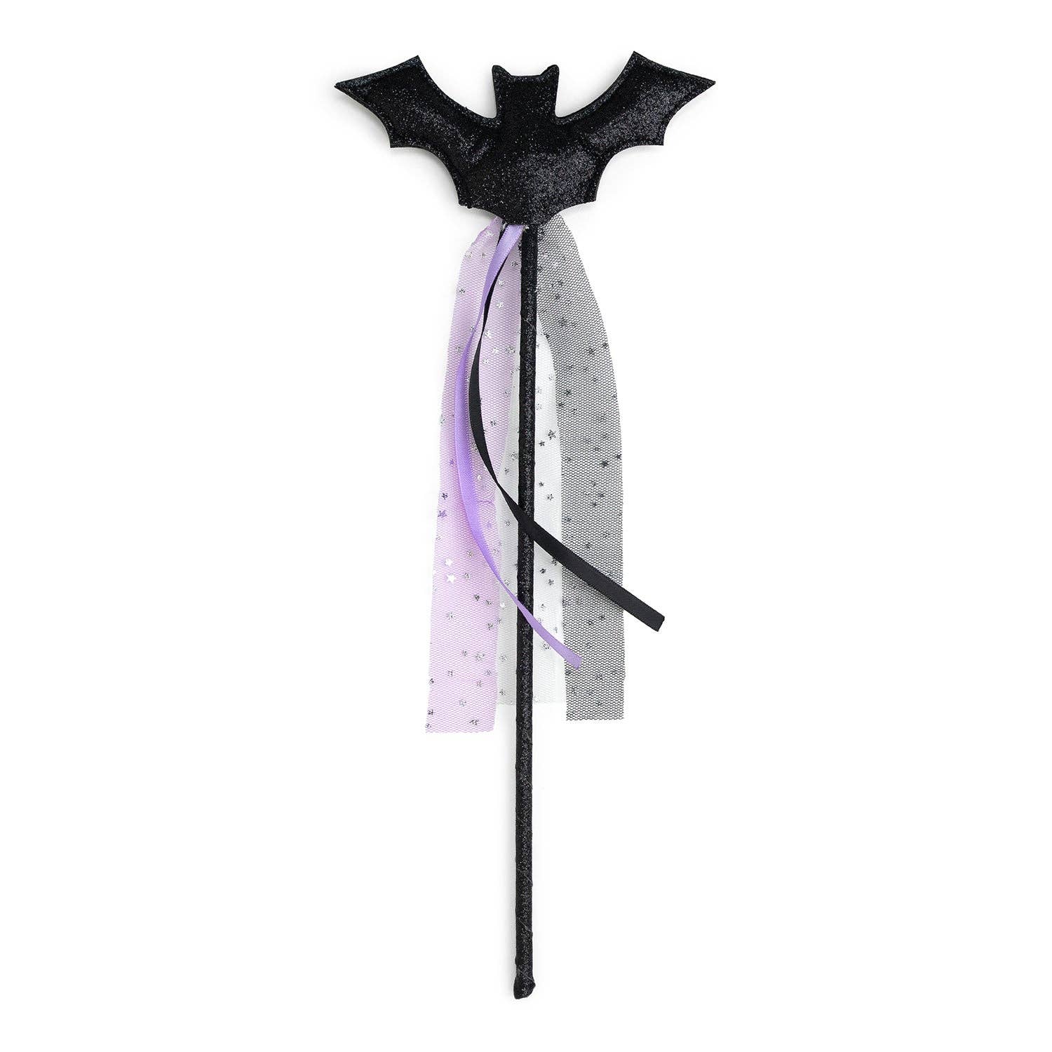 Black bat-shaped hair accessory with ribbons on a white background