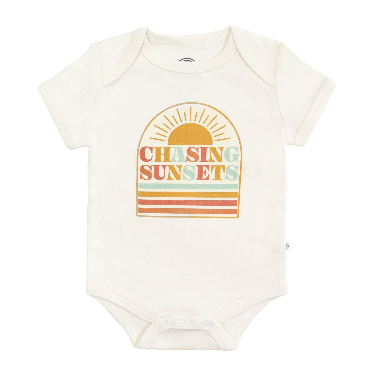 Baby bodysuit with 'Chasing Sunsets' design on a white background