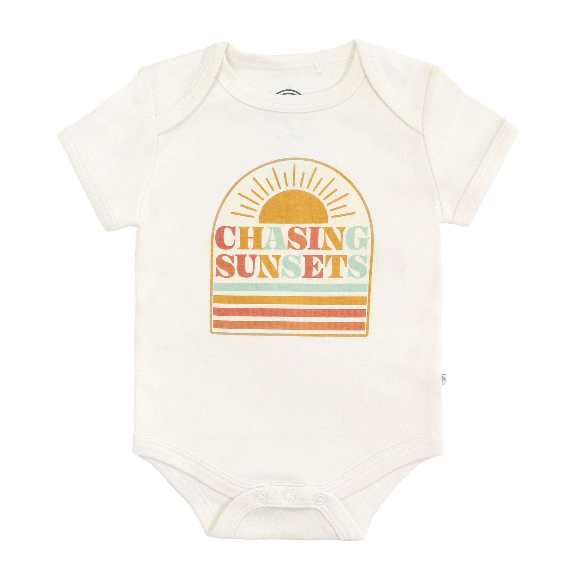 Baby bodysuit with 'Chasing Sunsets' design on a white background