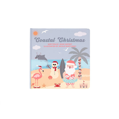 Book titled 'Coastal Christmas' with beach-themed illustrations on a white background