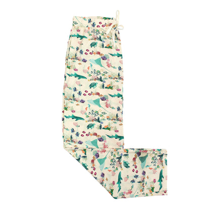 Emerson and Friends Coral Reef Bamboo Relaxed Lounge Pajama Pants, featuring a serene ocean-inspired print with sea turtles, sharks, coral, and tropical fish on ultra-soft bamboo fabric for breathable all-day comfort.