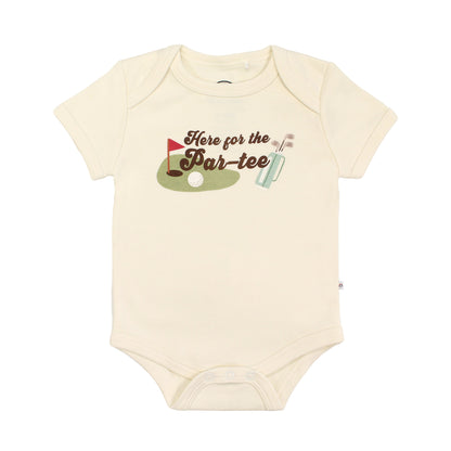 Beige baby bodysuit with golf-themed design and text on a white background