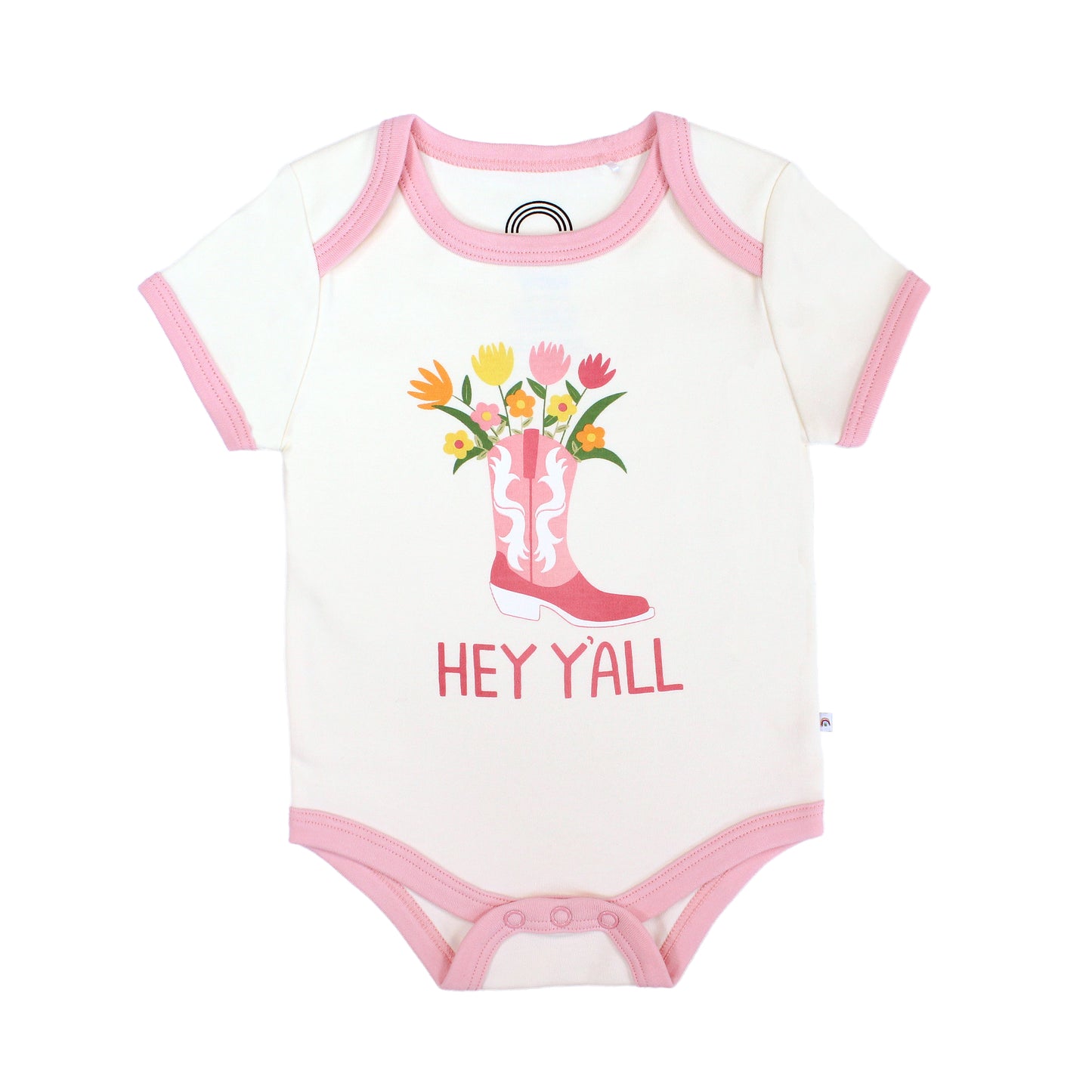 Emerson and Friends Cotton bodysuit that reads "Hey y'all," showcasing our Western collection. 