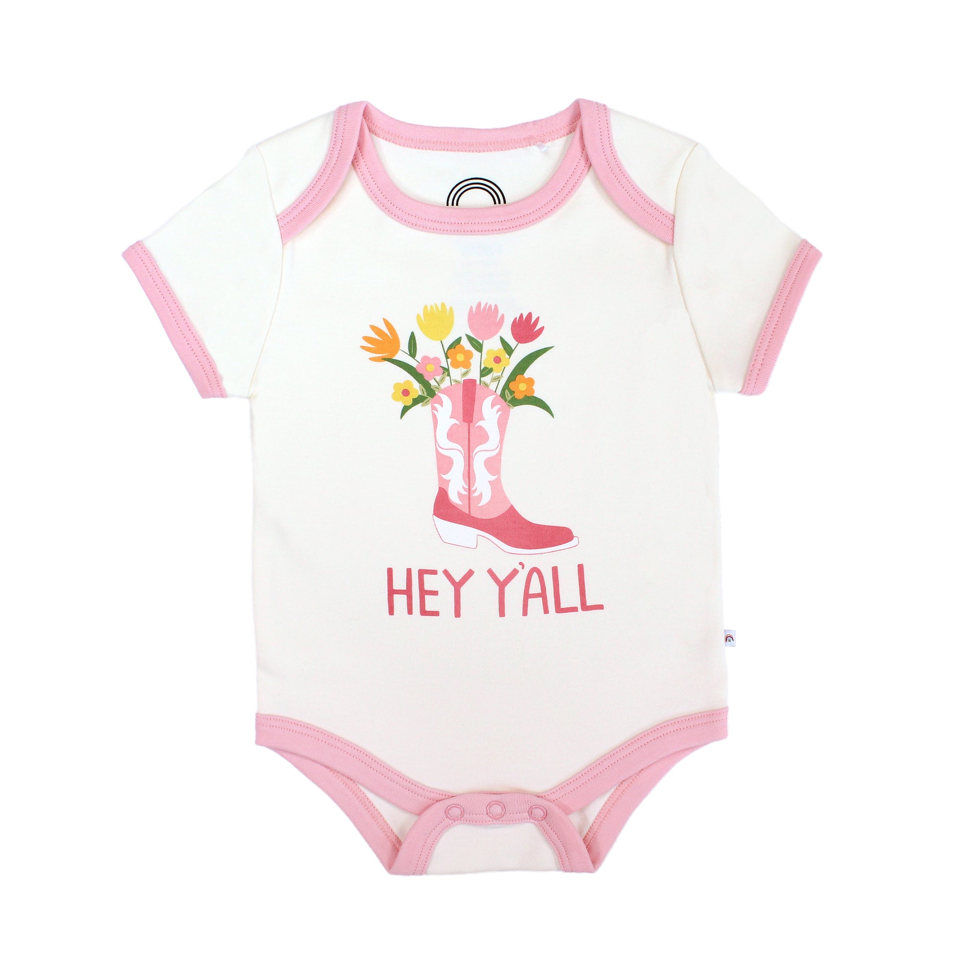 Emerson and Friends Cotton bodysuit that reads "Hey y'all," showcasing our Western collection. 