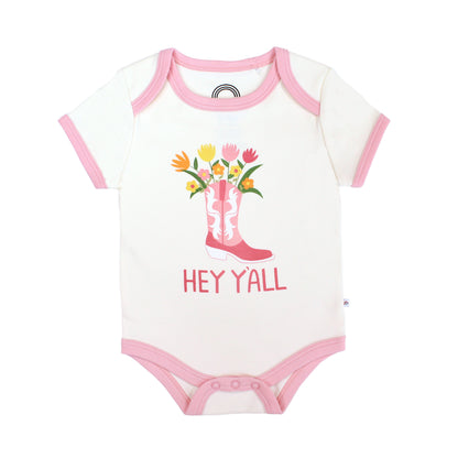 Emerson and Friends Cotton bodysuit that reads "Hey y'all," showcasing our Western collection. 