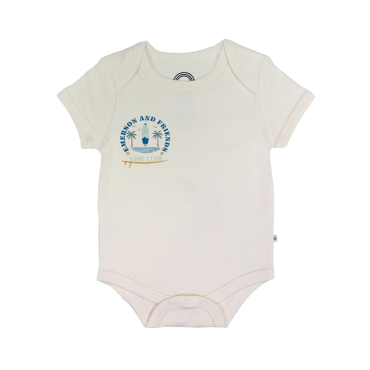 Baby onesie with a graphic design on a white background