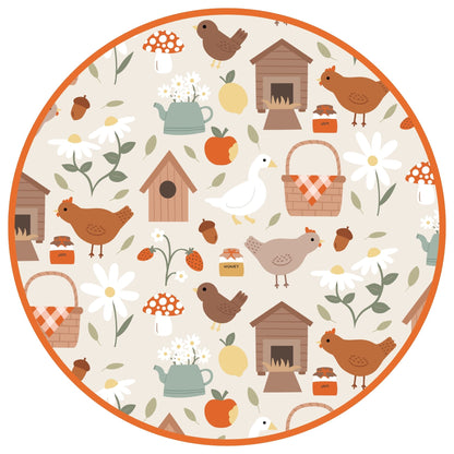Cozy Cottage farm print pattern with chickens, and birdhouses on bamboo fabric.