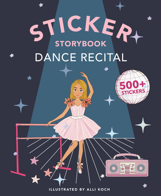 Sticker storybook cover with a ballerina illustration and text about stickers and dance recital.