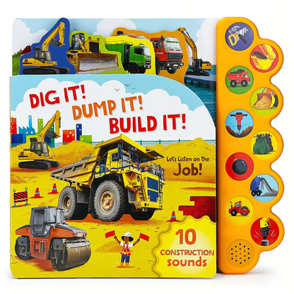 Children's book with construction vehicle illustrations and sound buttons on a white background