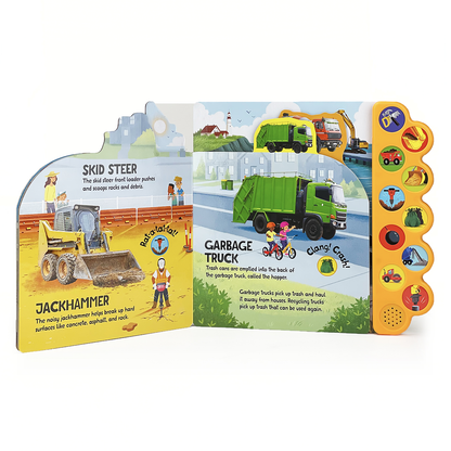 Children's book about construction vehicles with illustrations and text on a white background