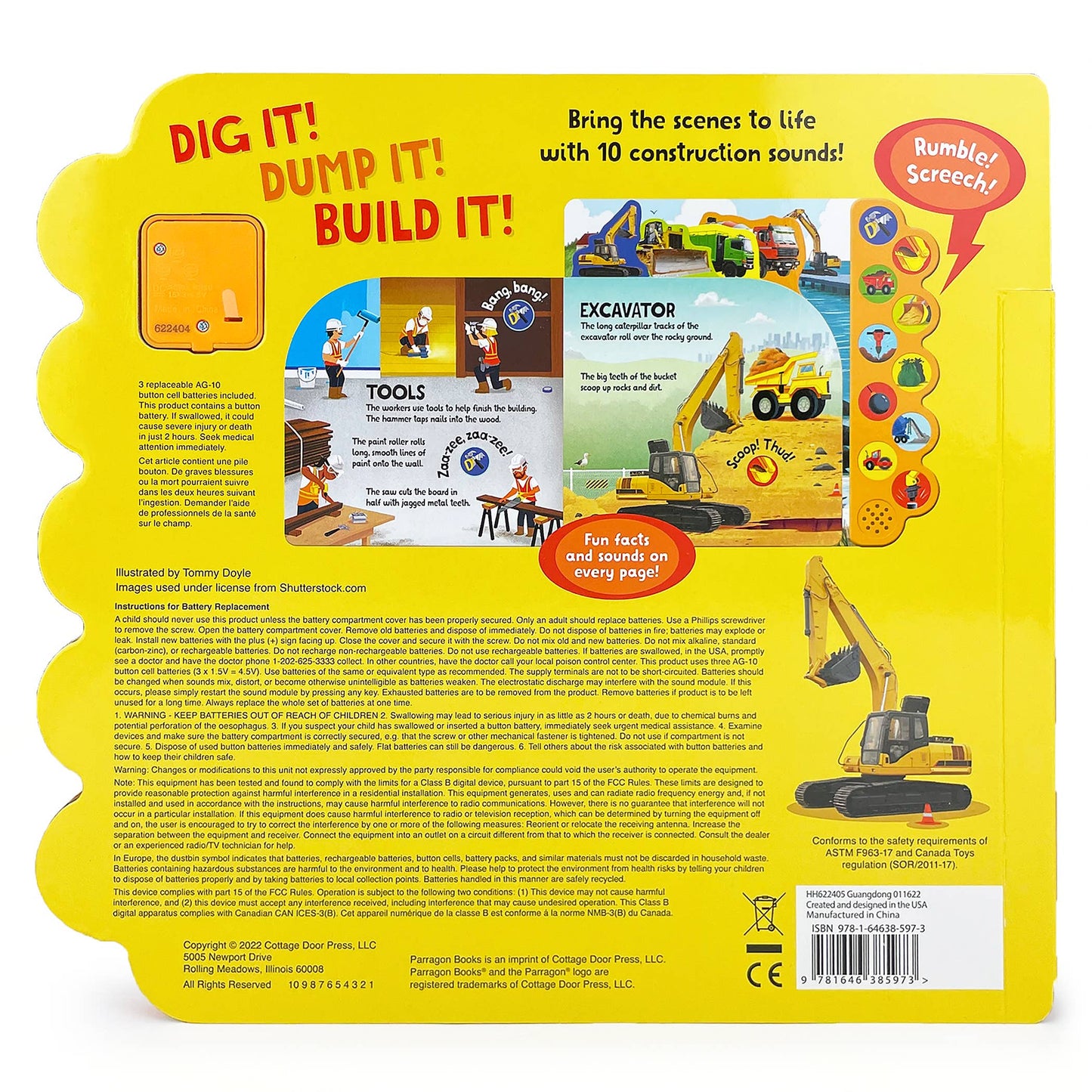Back cover of a children's book with construction theme, featuring illustrations and text.