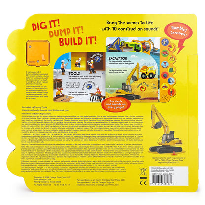 Back cover of a children's book with construction theme, featuring illustrations and text.