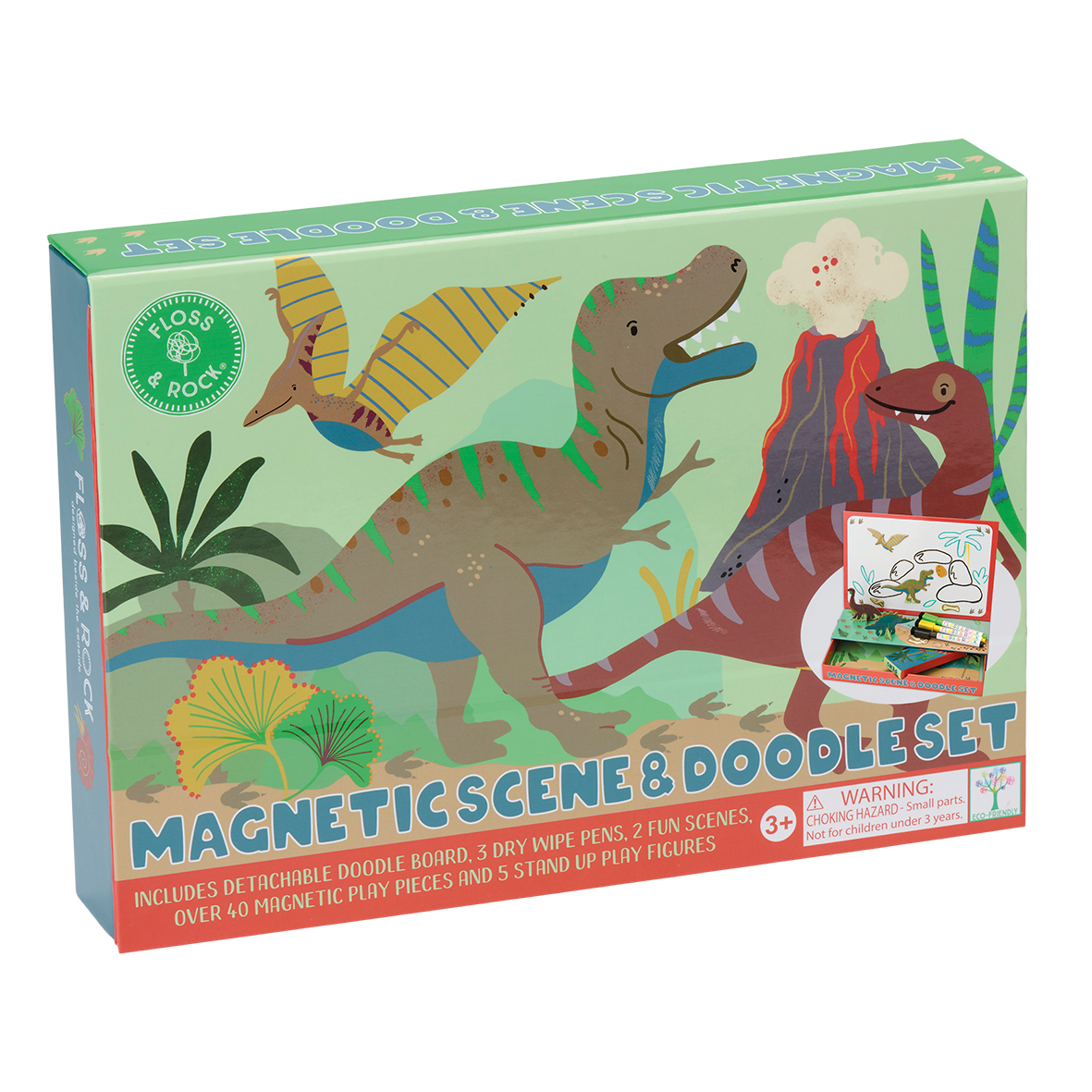 Box of a magnetic scene and doodle set with dinosaur illustrations on a white background