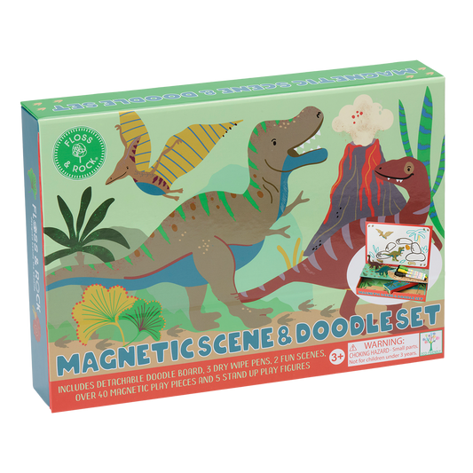 Box of a magnetic scene and doodle set with dinosaur illustrations on a white background