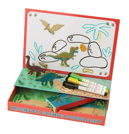 Magnetic scene and doodle set with dinosaur figures and markers on a white background