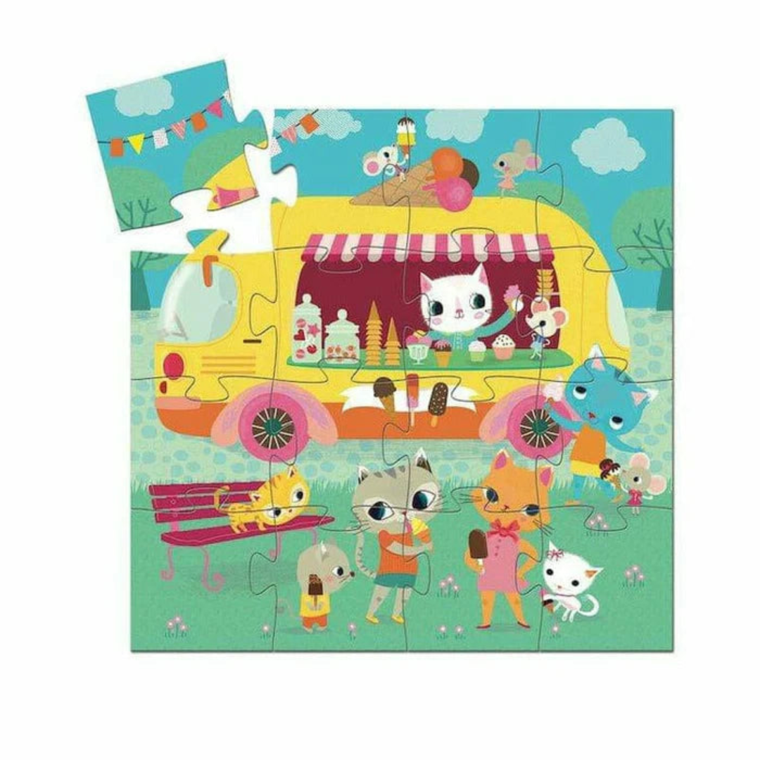 Children's puzzle with cartoon characters around a yellow bus on a blue background