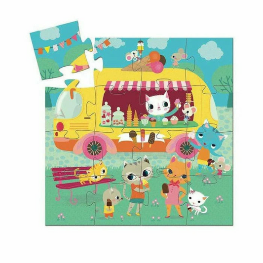 Children's puzzle with cartoon characters around a yellow bus on a blue background