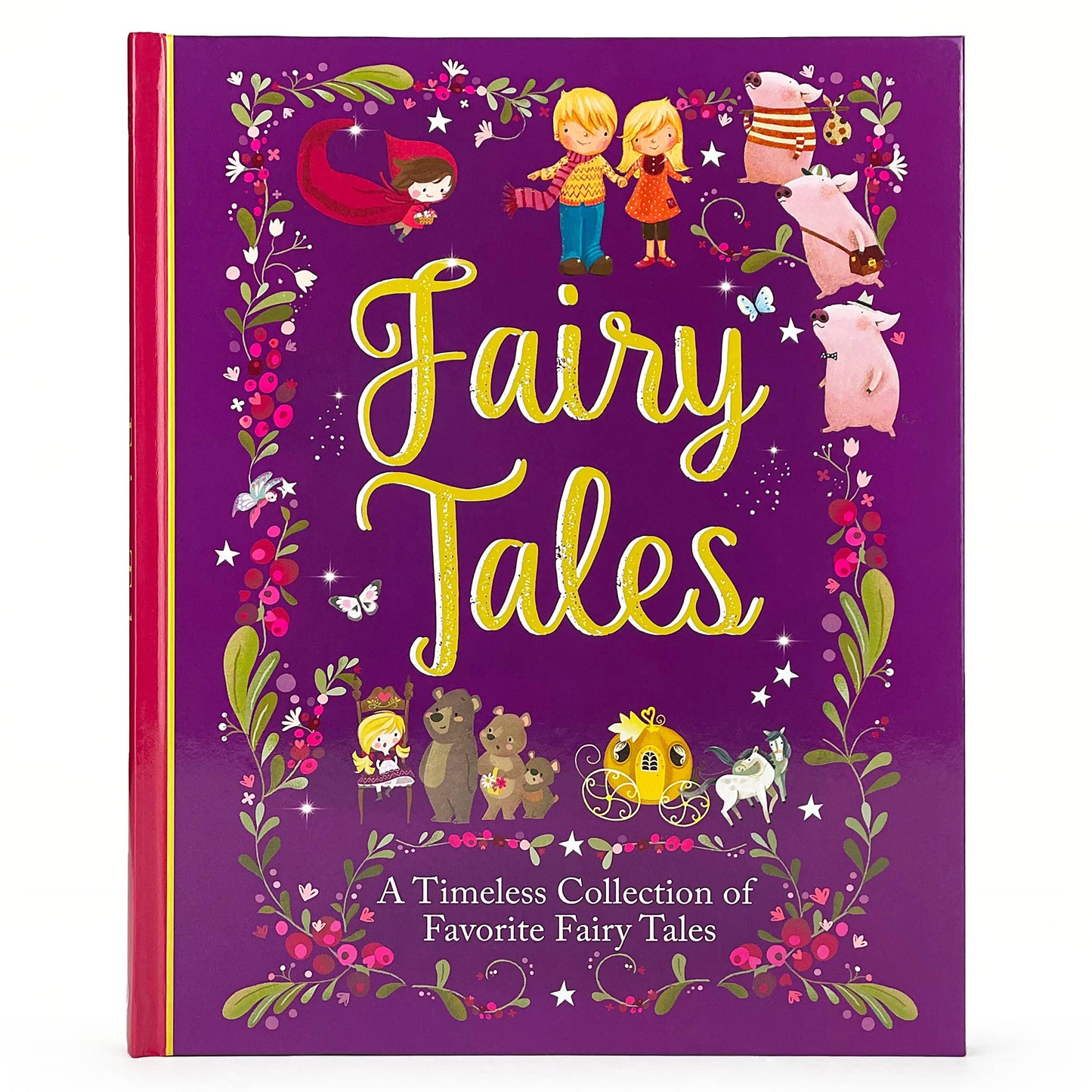 Book titled 'Fairy Tales' with colorful illustrations on a purple background