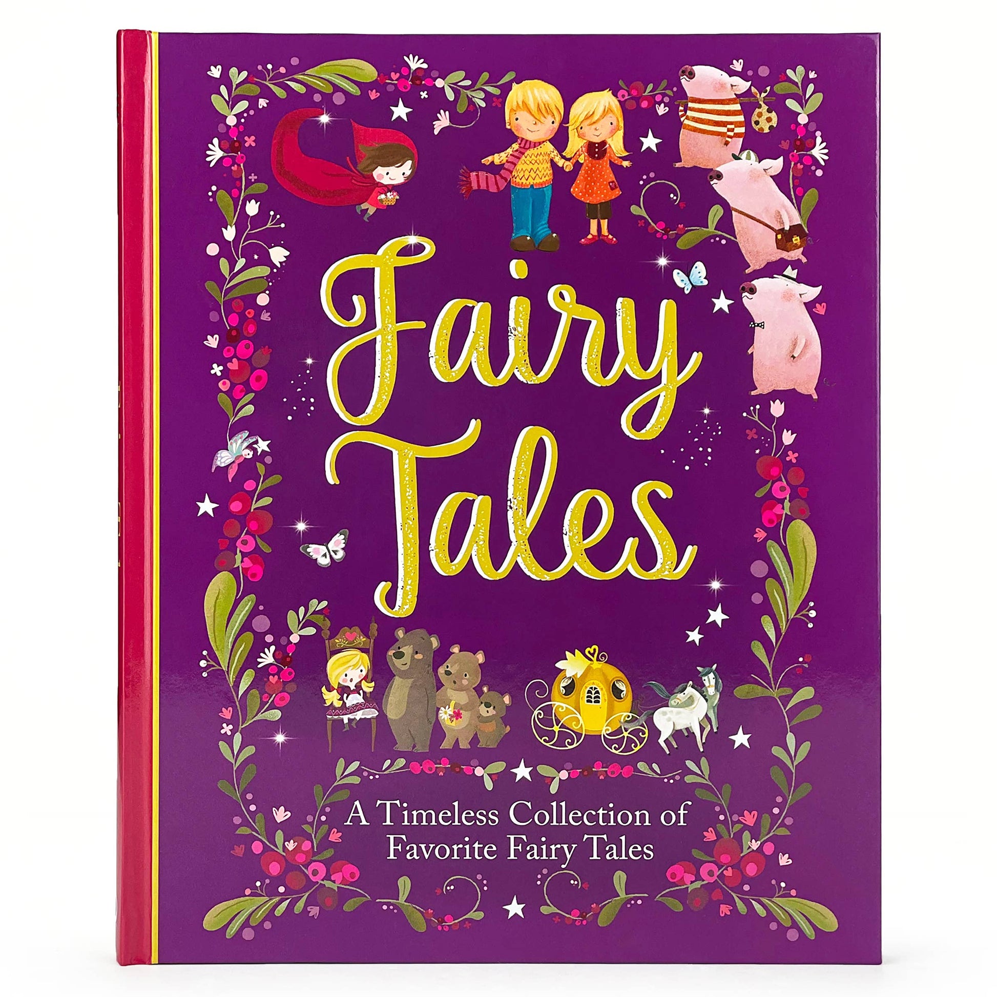 Book titled 'Fairy Tales' with colorful illustrations on a purple background
