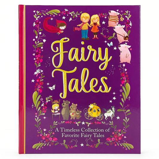 Book titled 'Fairy Tales' with colorful illustrations on a purple background