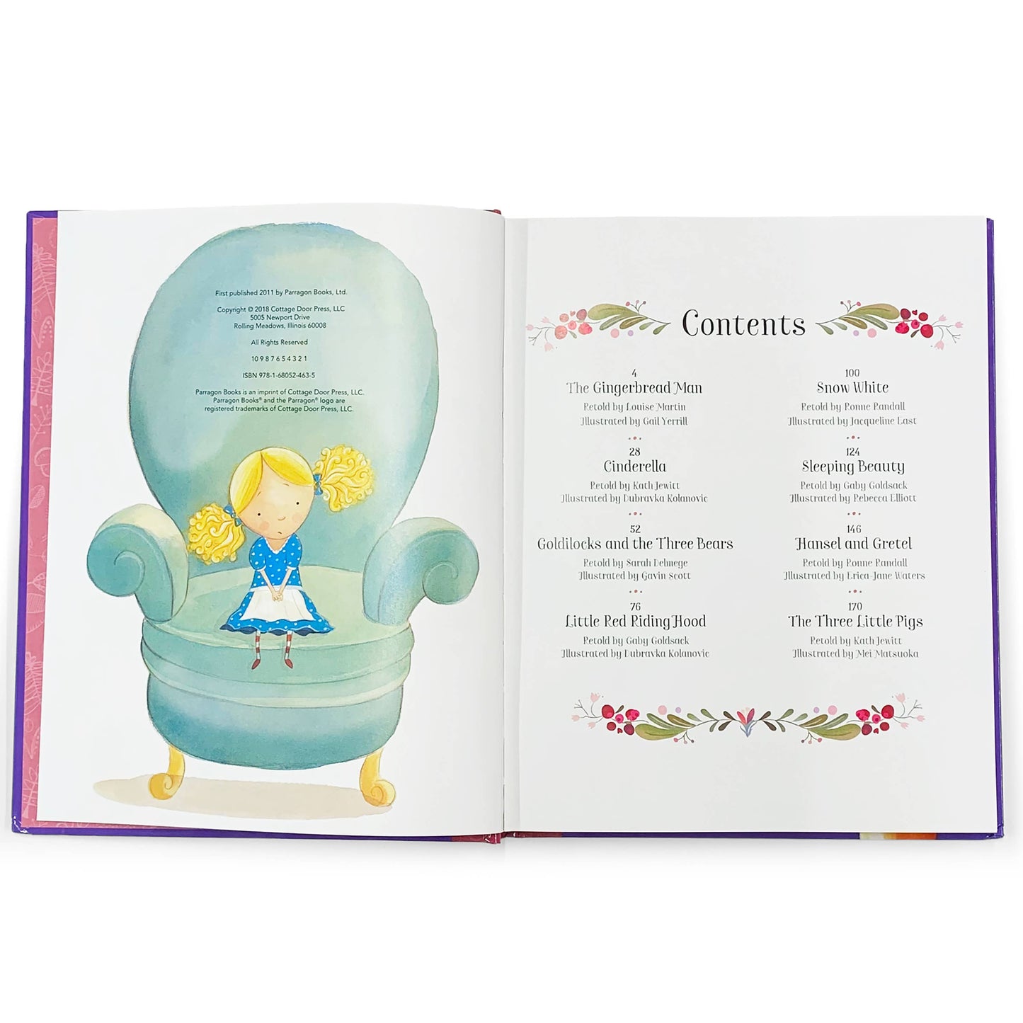Open book with illustrations of a girl in a chair and a contents page on a white background