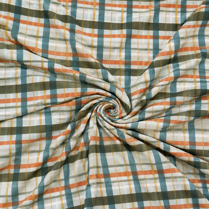 A close-up of plaid fabric arranged in a spiral, showing a pattern of teal blue, orange, olive green, and off-white stripes.