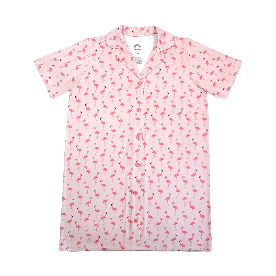 the "fancy flamingos" bamboo gown. the "fancy flamingos" print is a pattern of multiple pink flamingoes scattered around the print. 