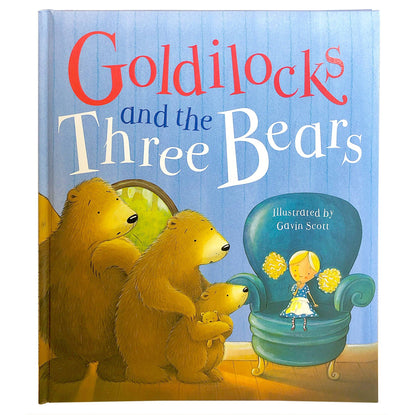 Book cover of 'Goldilocks and the Three Bears' with illustrations of bears and Goldilocks.