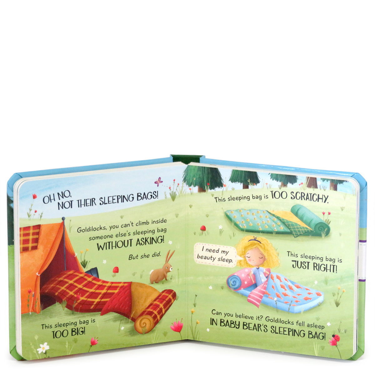 Open book with illustrations of Goldilocks and the three bears, featuring a green background and colorful characters.