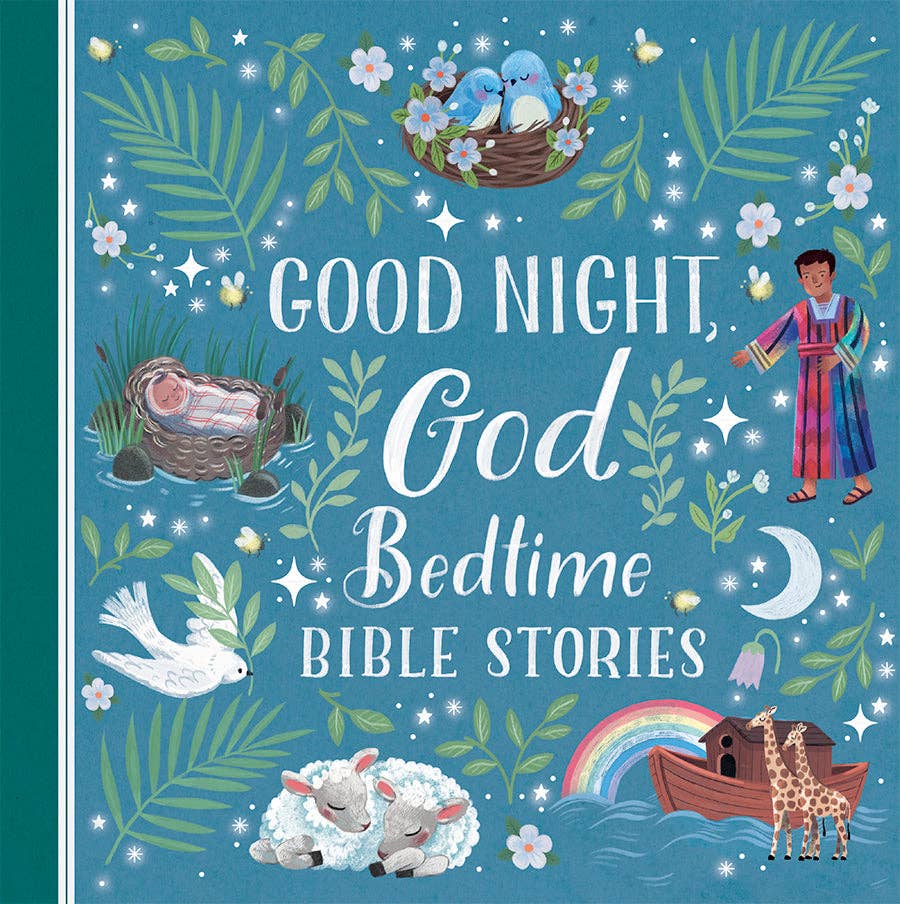 Book cover of 'Good Night, God Bedtime Bible Stories' with illustrations of a boy, birds, sheep, and Noah's Ark on a blue background.