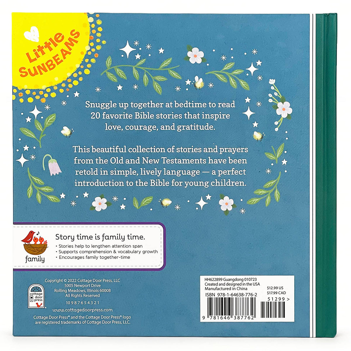 Back cover of a children's book titled 'Little Sunbeams' with text and decorative elements.