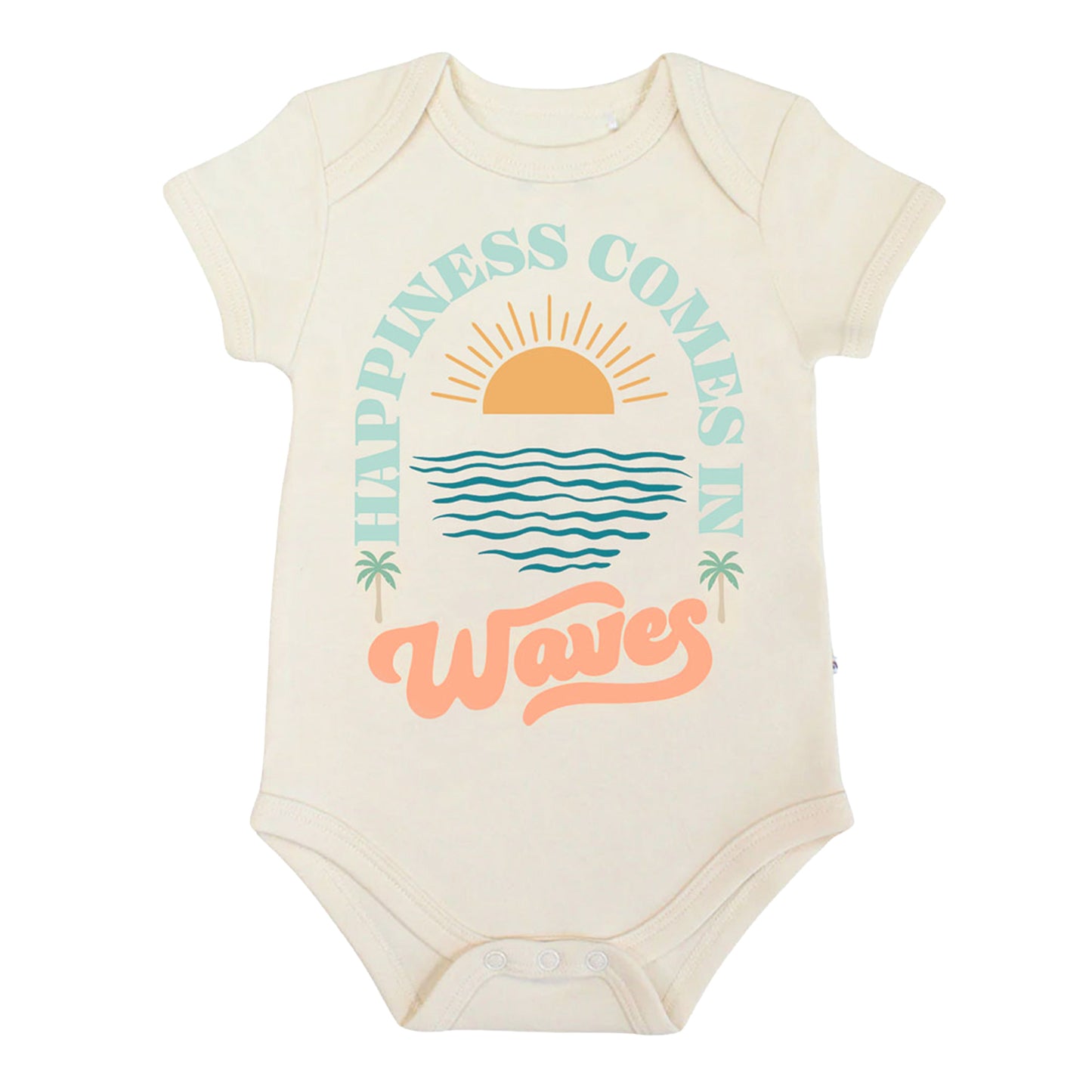 Beige baby bodysuit with 'Happiness Comes in Waves' design on a white background