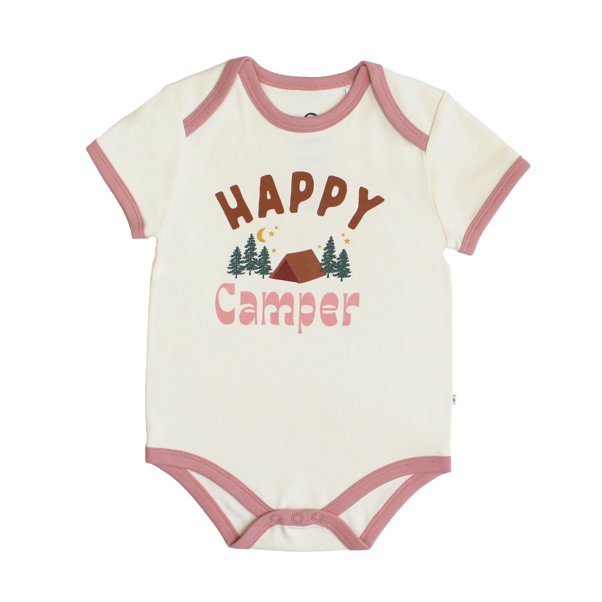 white bodysuit with pink trim and camp graphic.