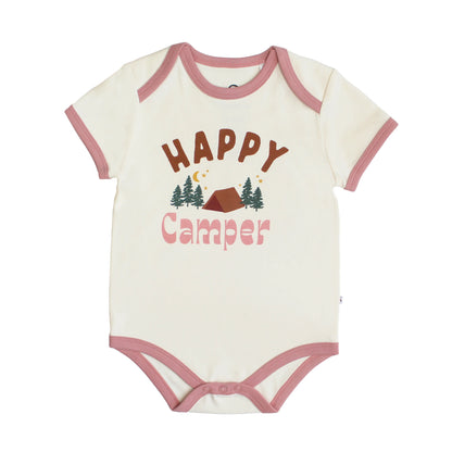 white bodysuit with pink trim and camp graphic.