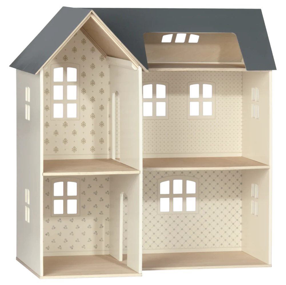 • Maileg wooden dollhouse house of miniature playhouse
• Multi room wooden dollhouse with slanted blue roof for mice toys