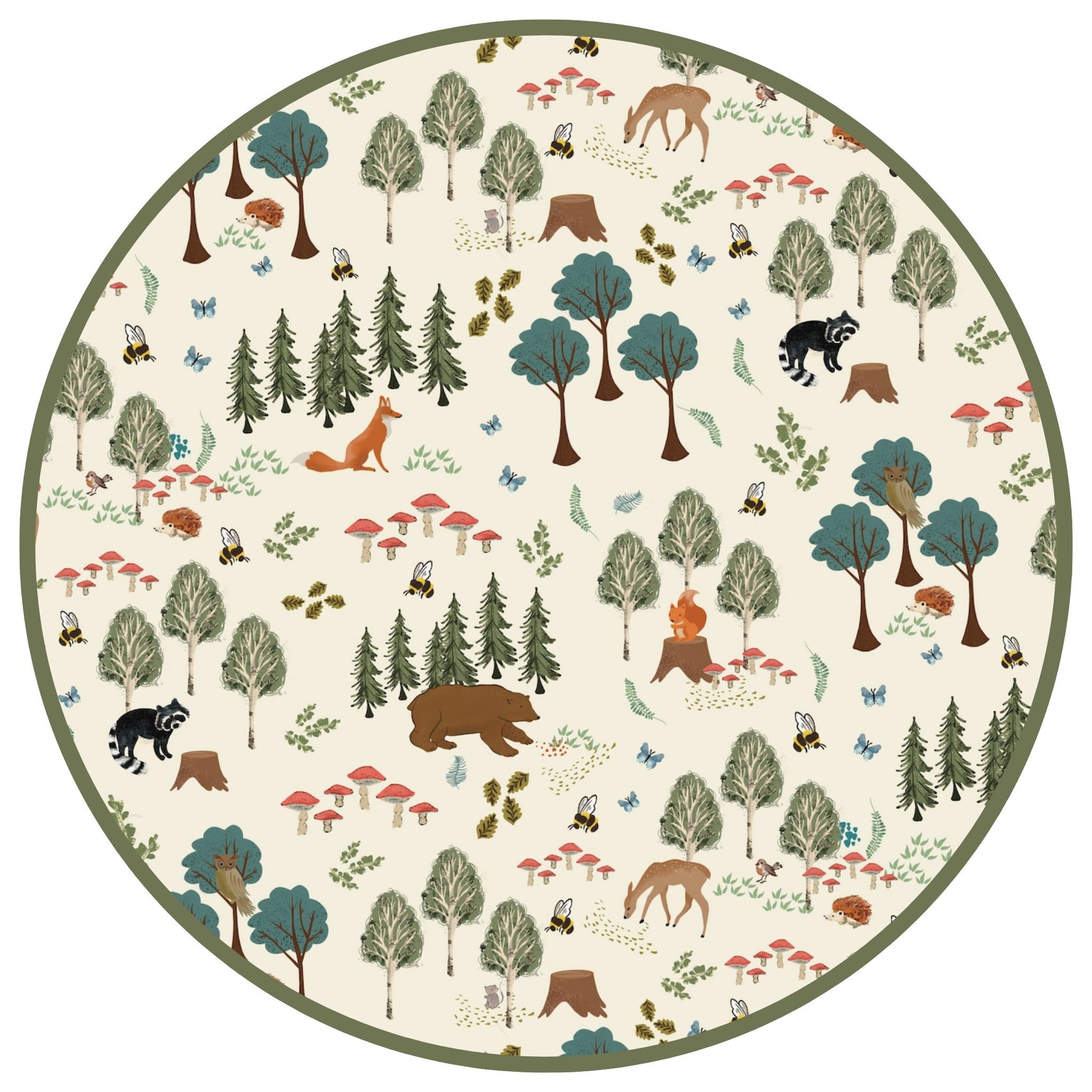 In the Woods print featuring forest-themed design featuring trees, animals, and plants on a white background.