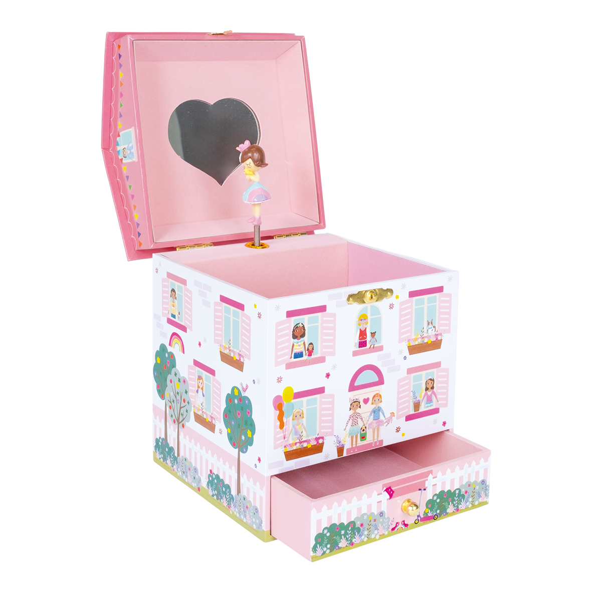 Toy box with a heart-shaped mirror and doll illustration on a white background