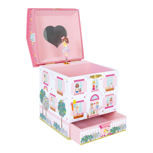 Toy box with a heart-shaped mirror and doll illustration on a white background