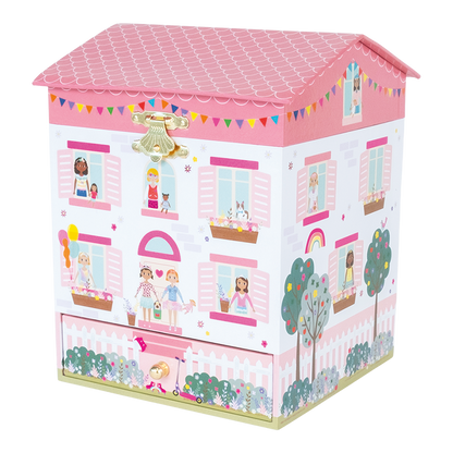 Children's toy chest with a pink roof and illustrated design on a white background