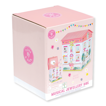 Boxed musical jewellery box with a dollhouse design on a white background