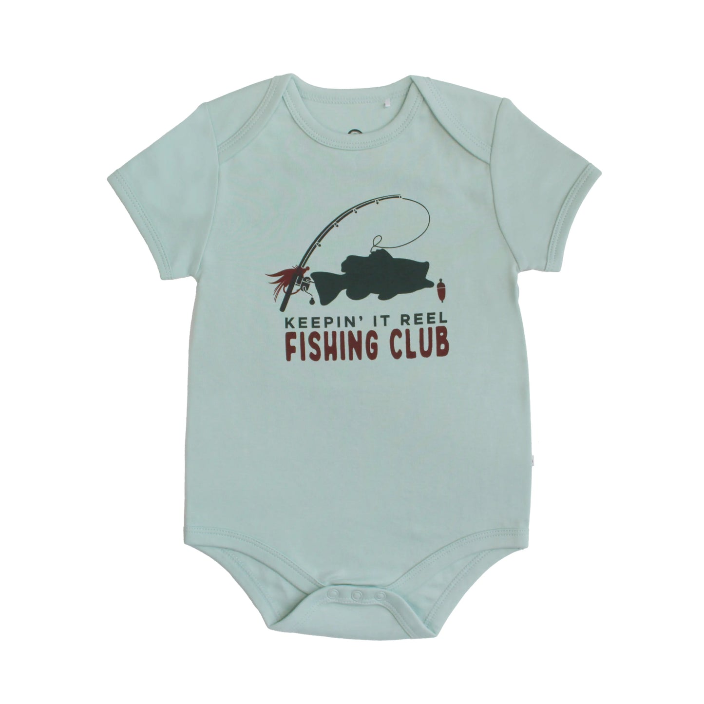 blue cotton bodysuit with graphic in the middle on white background. 